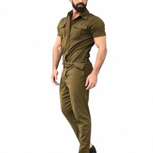 Mannen Jumpsuit Met Riem Korte Mouwen Kraag Enkele Breasted Zakken Werk Overall Mannelijke Cargo Overalls Sudaderas Hombres 905s #