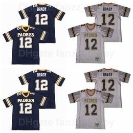 Mannen Junipero Serra Padres 12 Tom Brady High School Football Jersey Team Kleur Navy Blauw Grijs Ademend Puur Katoen Borduurwerk en naaien van goede kwaliteit