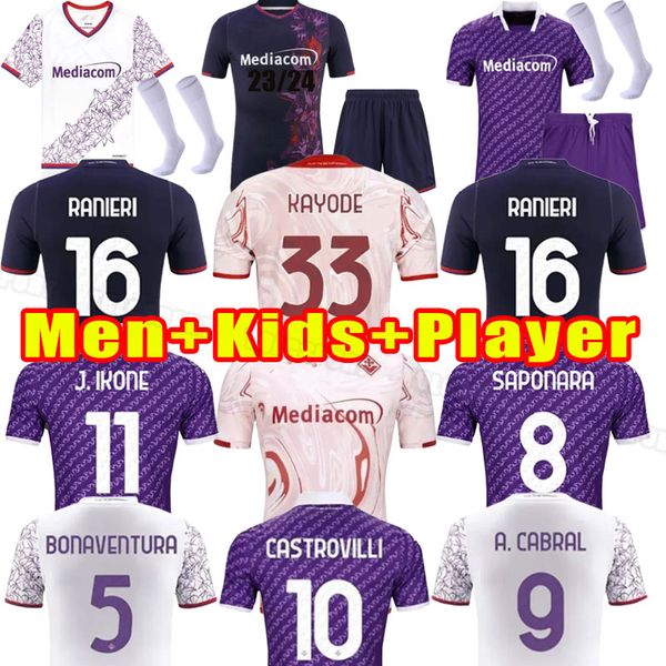 Hommes Kids 2023 2024 Fiorentinas Soccer Jerseys Jovic Castrovilli J Ikone Callejon Prince Gonzalez 23 24 Fiorentina Football Shirts Vlahovic Maillot de Foot Fouth