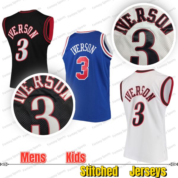 Hommes Enfants Basketball 3 Allen Iverson Jersey Bleu Rouge Blanc Noir TOUT COUSU Cadeaux Pour Les Fans Sport Chemises Maillots Jeunes Garçons Été