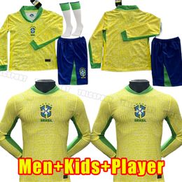 Men+Kids Long Sleeve Brazilis Soccer Jerseys 2024 Paqueta Coutinho Football Firmino Brasil 24 25 Neymar Jr Vini Silva Dani Alves Pele Home Away Fans Player