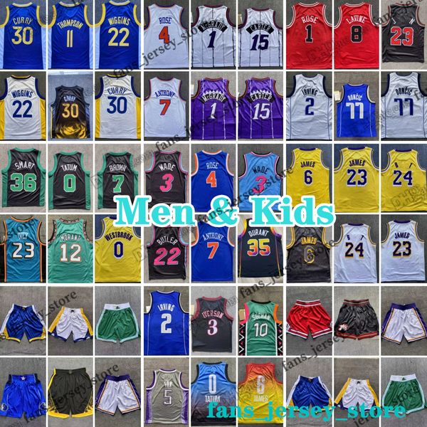 Maillots de basket-ball imprimés pour hommes et enfants Stephen Iverson Curry Thompson Wiggins James Davis Tatum Brown Irving Doncic Derrick Wade McGrady Carter Rose James JaMorant