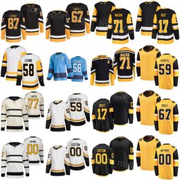 Hommes Enfants Femmes Hockey 87 Sidney Crosby Jersey 71 Evgeni Malkin 59 Jake Guentzel 67 Rickard Rakell 17 Bryan Rust 58 Kris Letang 77 Jeff Carter Noir Blanc Bleu Jaune