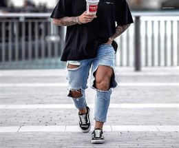 Hommes genoues gros trous déchiré jeans skinny streetwear hip hop mâle coton jogger décontracté pantalon denim stretch bleu15339308