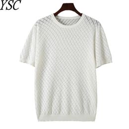 Mentes tricotées 100% coton rond Coton T-shirt à manches courtes à manches courtes en creux respirant et confortable pull de haute qualité 240412