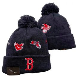 Hommes tricotés à revers Pom BOSTON bonnets rouge SOX chapeaux Sport tricot chapeau rayé côté laine chaud Baseball bonnets casquette pour femmes a1