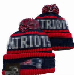 Hombres de punto con puños Pom Patriots Gorros New England Bobble Hats Deporte Sombrero de punto Rayas Sideline Lana Cálido Béisbol Gorros Gorra para mujeres a1