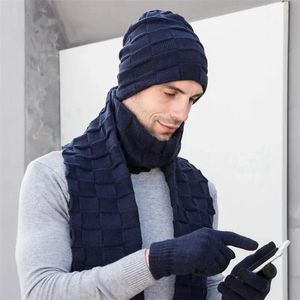 Mannen Gebreide Lange Sjaal Muts Handschoenen 3 Delige Set Man Winter Warm Pluche Bescherming Oorkap Sjaals En Touchscreen Handschoenen240125