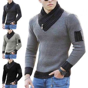 Hommes pull tricoté manches longues écharpe col hommes pull doux couleur bloc couleur bloc pull décontracté Streetwear L220730