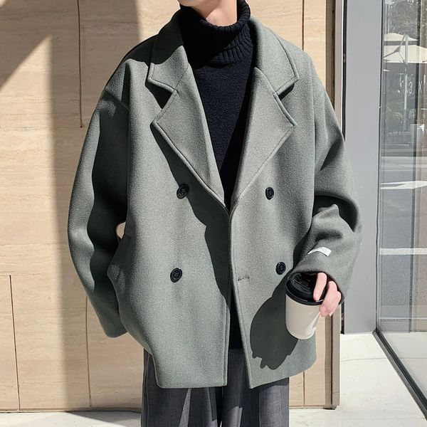 Hommes coréen solide hiver manteau laine manteau mâle noir Harajuku Trench manteau flanelle bouton vestes et manteaux 231220