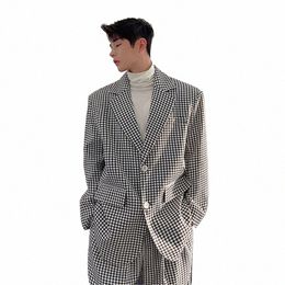 Hommes coréens Streetwear Fi surdimensionné décontracté Plaid Blazers costume veste mâle Vintage Hip Hop vêtements costume manteau Blazer 73Sz #