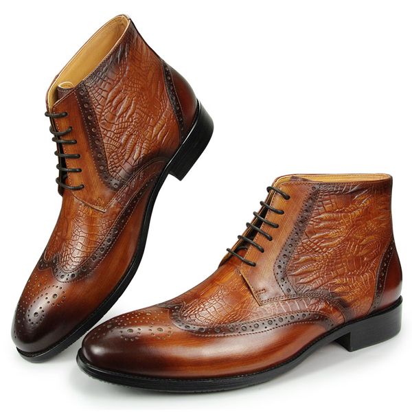 Los hombres se aten con el cómodo tobillo brogue moda masculina zapatos de impresión retro de cuero de vaca botas personalizadas hechas 305 comitables