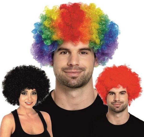 Hombres Fans de payasos CARNIVAL CARNIVAL DISCO Circus Fun Fancy Disk Fiest Stag Do Fun Joker Child Adulto Disfraz Afro Curly Hair PA1985015