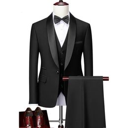 Men Lapel Black kraag 3 PCS Pak Set Coat Vestbroek Business Groomsmen Bruidegom trouwjurk Fprmal Blazer Pants Waistcoat 240430