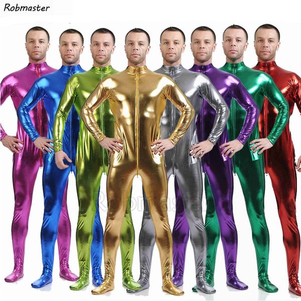 Hommes en latex Suit noir brillant collants métalliques dorés zentai unitard body de la peau sans fermeture zipper