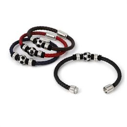 Men Lederen armband eenvoudige zwarte roestvrijstalen knop Voetbalbal Accessoires Handgeweven charm sieraden Gifts GC2253