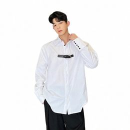 Mannen Lederen Gesp Lg Mouw Losse Casual Witte Shirts Mannelijke Netto Celebrity Streetwear Fi Party Dr Shirts 05h1 #