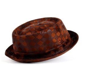 Men Leather Fedora Hat Flat Pork Pie Hat For Gentleman Dad Bowler Porkpie Jazz Hat Big 4Size S M L XL 22030113981184755737