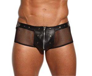 Hommes en cuir Fishnet Patchwork Boxer Shorts CUECA Sous-vêtements mâles Gay Hollow Out Cuir Sexy Trunks Boxers Pantes Sous-Pants3503847