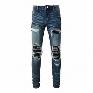 Mannen Lederen Patch Biker Jeans Skinny Tapered Stretch Denim Blauwe Broek Streetwear Patchwork Gaten Gescheurde Broek 721W #