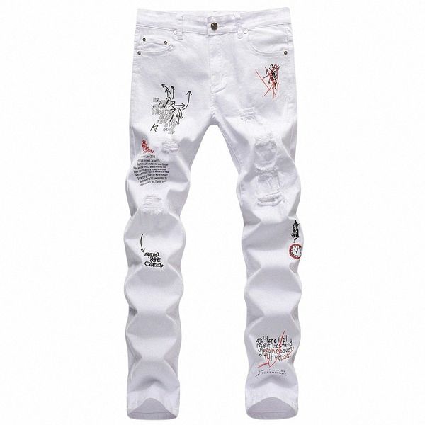 Hommes Lettres Broderie Jeans Imprimé Streetwear Slim Droit Stretch Denim Pantalon Noir Blanc Trous Pantalon Déchiré c7Ak #