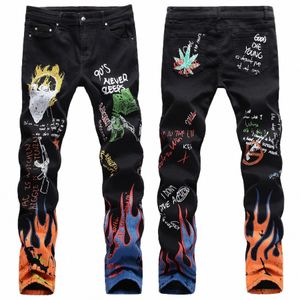 Hommes Lettres Flamme Imprimé Jeans À Motifs Slim Droit Stretch Fiable Graffiti Punk Rock Streetwear Hip Hop Jeans Pantalon g0nM #