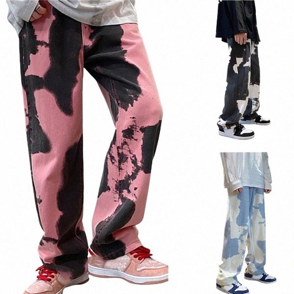 hommes Lg Jeans Tie-Dye taille moyenne Wed Baggy lâche Denim pantalon pour garçons noir / rose / bleu clair u9ax #