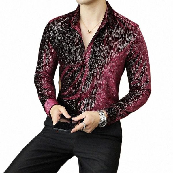 Hommes Lg chemise à manches Ropa De Hombre Camisa Social Masculina Manga Lga rouge foncé Ropa Hombre décontracté chemise brillante hommes chemise fantaisie k444 #