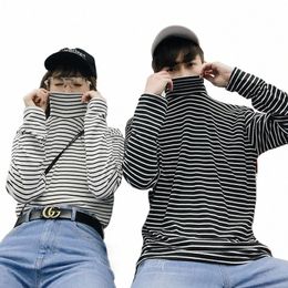 Hommes Lg manches T-shirts rayé col roulé élégant surdimensionné style coréen ins loisirs couples t-shirt chic ulzzang streetwear BF t79F #