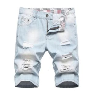 Men Lichtblauwe gaten denim shorts zomer jeans shorts shorts hoge kwaliteit man katoen rechte fit korte jeans knie lengte jeans maat 42 240527