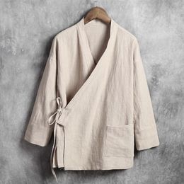Camisas de lino para hombre, camisa informal tradicional de Kung Fu Tang de estilo chino con cuello mandarín de manga larga, M-4XL 5XL 6XL de talla grande