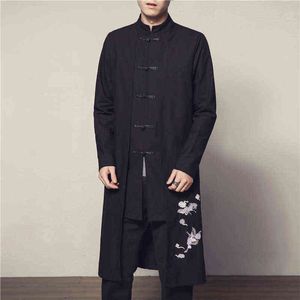 Hommes Longs Vestes 2022 Printemps Hommes Imprimé Lin Trench-Coat Mâle Style Chinois Faux 2 Pièces Cardigan Kimono Coupe-Vent M-5XL L220706