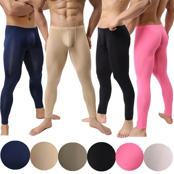 Hommes Long Johns Ultra-mince Glace Soie Sous-Vêtements Sexy Pénis Pouch Slip Legging Shapers Sous-Vêtements De Nuit Sommeil Bas 201106