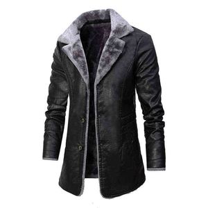 Men Long Pu Leather Coat Boys Winter Velvet Dikke Windscheiding Lange mouw Top Faux Fur Oversized Jacket 4xl Button Up Overcoat L220725