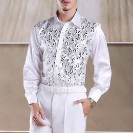 Hommes chemise à manches longues chemise formelle hauts hommes luxe paillettes Performance chemise pour scène de mariage événements formels longs pour hommes 240223