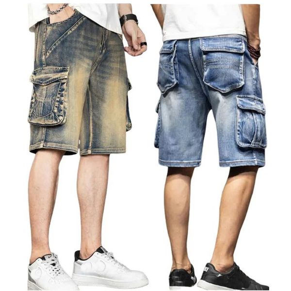 Hommes en vrac jeans baggy shorts hommes jeans streetwear long 34 short cargo poche bermuda mâle multi-poche short denim 240415
