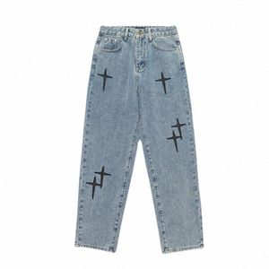 men Loose Pants Hommes Jeans Vintage Brodé Large Jambe Hommes Jeans Élégant Streetwear avec Tissu Doux Respirant Hip Hop Vibes G8In #