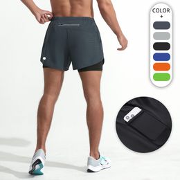 Hombres lu Yoga Pantalones cortos deportivos Pantalones cortos de secado rápido con bolsillo Teléfono móvil Casual Running Gym Short Jogger Pant DK-22001