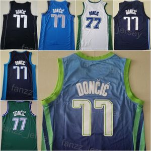 Los hombres ganaron la camiseta de baloncesto Luka Doncic 77 Bordado transpirable y costura Azul marino Blanco Negro Amarillo Verde Camisa para fanáticos del deporte Declaración de la Asociación de la ciudad