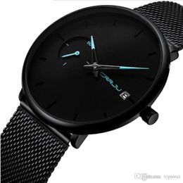 Hommes luxueux de haute qualité mode montre à quartz conception simple cadran ultra mince en acier inoxydable bracelet en maille milan montres date automatique W265D