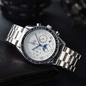 Men Luxe Designer Automatic Quartz Bekijk Tachymetre Mens Auto 6 Hands Moon Fase horloges Lederen stalen banden Polshorloge