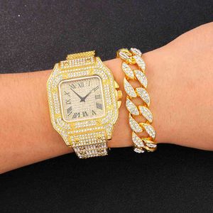 Mannen luxe hiphop ijskoud gouden horloge met Cubaanse kettingkwarts vierkant bracelet set voor dames reloj mujer45bn