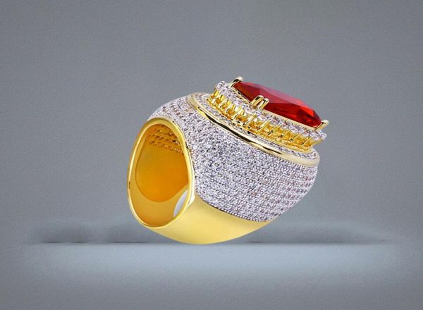 Hommes de luxe Hip hop rouge rubis anneaux Micro pavé cubique zircone Bling Bling diamants simulés 18K plaqué or Ring61191986596560