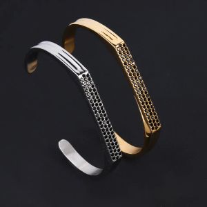 Bijoux de luxe pour hommes de créateur, plaqué or 18 carats, bracelet en acier inoxydable avec strass, bracelet à manchette ouverte