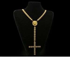 Hommes Luxury Long Collier Gold Silver Full Iced Out Rimestones Face Jésus avec un grand collier de pendentif Rosaire Bijoux punk5090904