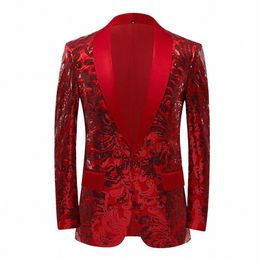 Hommes de luxe rouge Veet paillettes motif floral costume veste blazer élégant châle revers blazers hommes fête scène chanteur costume homme K2Wv #