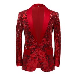 Men Luxe Red Velvet Pailletten Bloempatroon Suit jas Blazer Stijlvolle sjaalsrapel Blazers Party Stage Singer kostuum Homme 220819