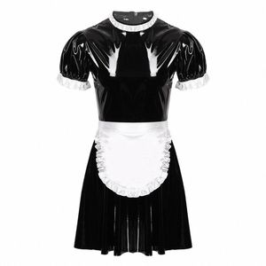 Hommes Maid Uniforme Outfit en cuir verni à manches courtes Puff Zipper Dr avec Apr Costume Sexy Sissy Crossdring Fantaisie Dres Q8lx #