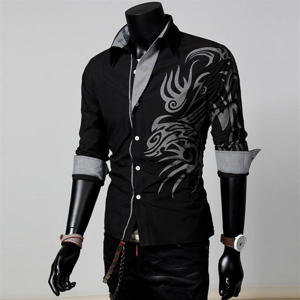 Hommes mode masculine à manches longues Style européen tatouage Dragon imprimé chemise Silm Fit chemise 4 couleurs 3096