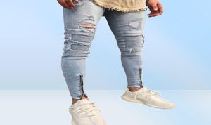 Heren Mannelijke Gescheurde Biker Jeans Wit Blauw Knie Geplooide Enkel Rits Merk Slim Fit Cut Vernietigde Skinny Jean Broek voor Mannelijke Homme8504103